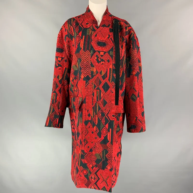 DEREK LAM Size 6 Red & Black Geometric Print Acrylic Blend Collarless Coat