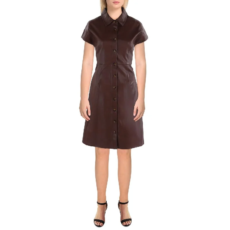 Womens Faux Leather Collared Shirtdress