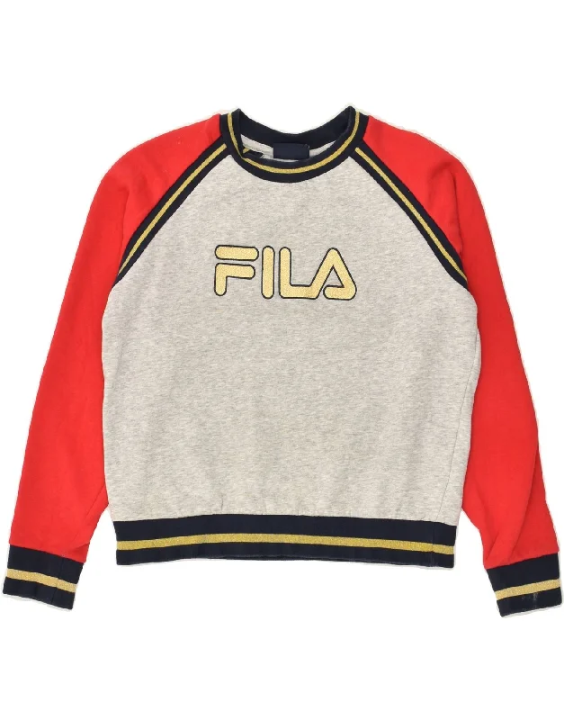 FILA Womens Graphic Sweatshirt Jumper UK 6 XS Grey Colourblock Cotton