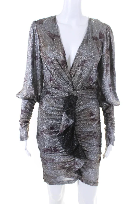 Ba&Sh Womens Metallic Ruffled Long Sleeve Ruched Side Zipped Dress Silver