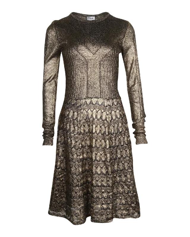 Temperley London Knitted Long Sleeve Dress in Metallic Gold Wool