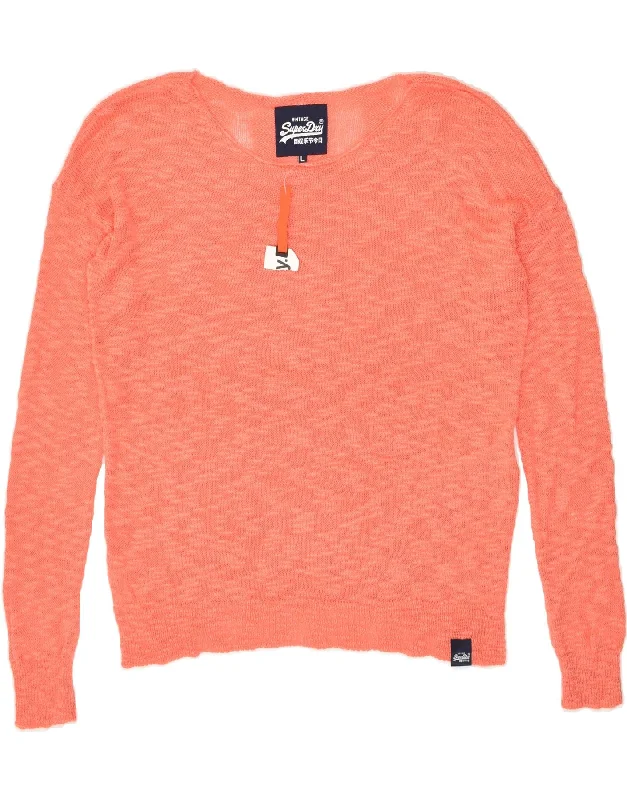 SUPERDRY Womens Boat Neck Jumper Sweater UK 16 Large Orange Acrylic