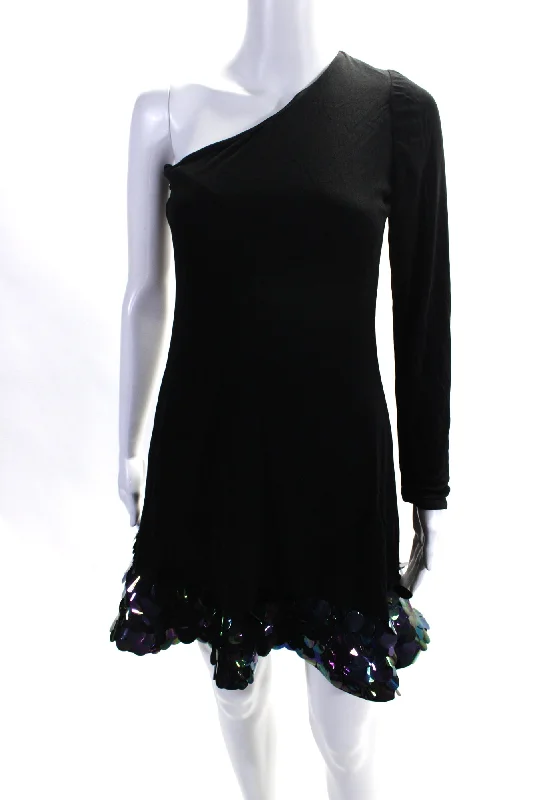 CD Greene Womens One Shoulder Long Sleeve Sequin Trim Dress Black