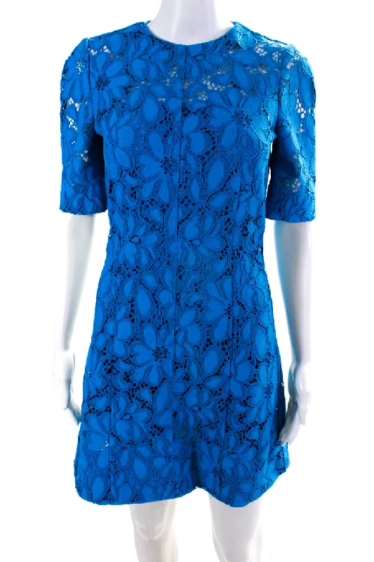 Proenza Schouler Womens Back Zip Short Sleeve Lace Overlay Dress Blue