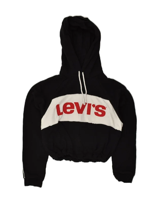 LEVI'S Womens Crop Graphic Hoodie Jumper UK 10 Small Black Cotton