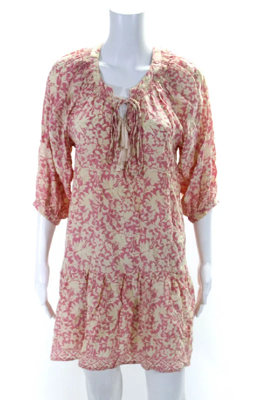 Natalie Martin Womens Pink Floral V-Neck Silk 3/4 Sleeve A-line Dress