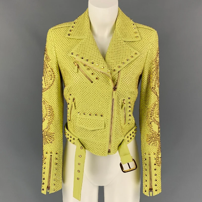 VERSACE Spring 2012 Size 2 Yellow & Gold Studded Leather Biker Jacket