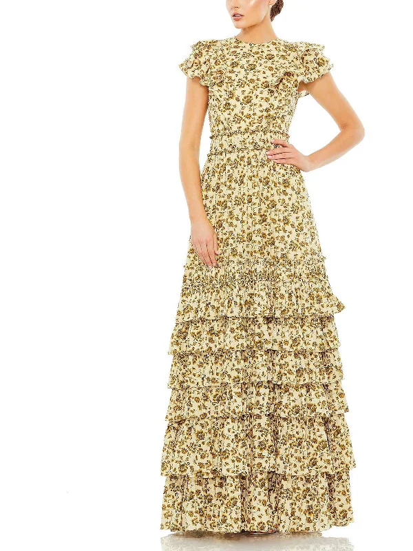 Womens Floral Ruffled Evening Dress