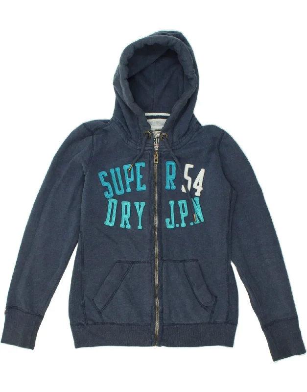 SUPERDRY Womens Graphic Zip Hoodie Sweater UK 12 Medium Navy Blue Cotton