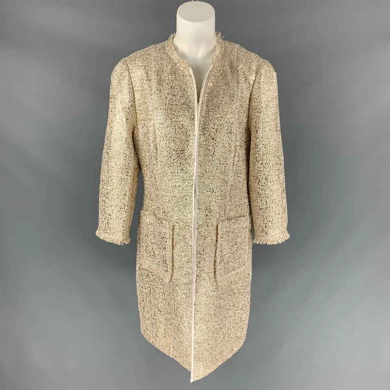 NEIMAN MARCUS Size L Gold & Cream Polyester Blend Tweed Coat