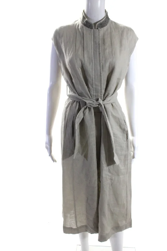 Tonet Womens Linen Zip Up Fringe Edge Belted Shift Dress Light Gray