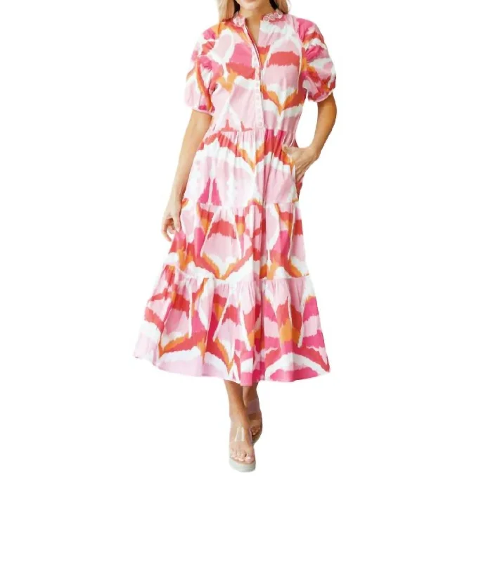 Kimbell Dress In Flamingo Watercolor Ikat