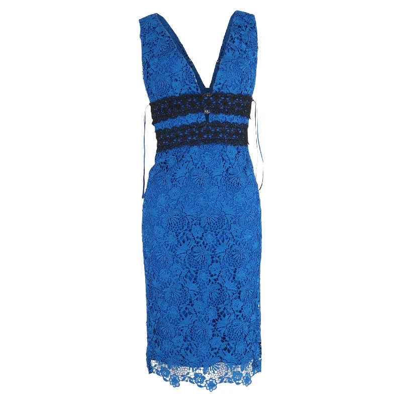 Diane Von Furstenberg Floral Lace Sleeveless Midi Dress in Blue Polyester