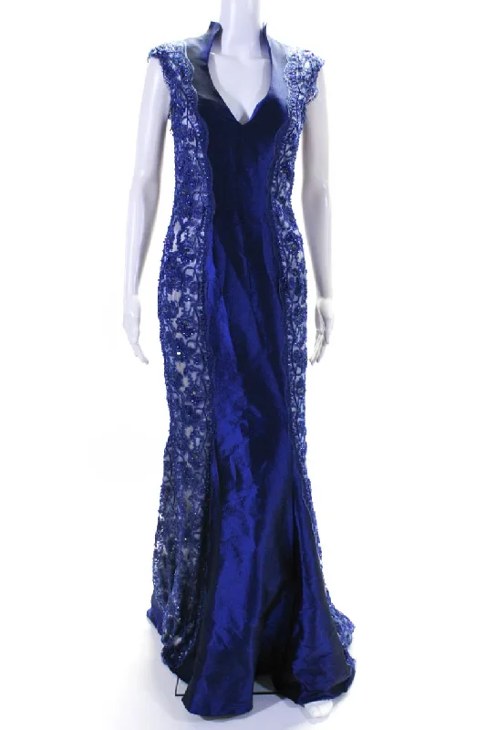 Mac Duggal Womens Back Zip Sleeveless Lace Beaded V Neck Gown Blue