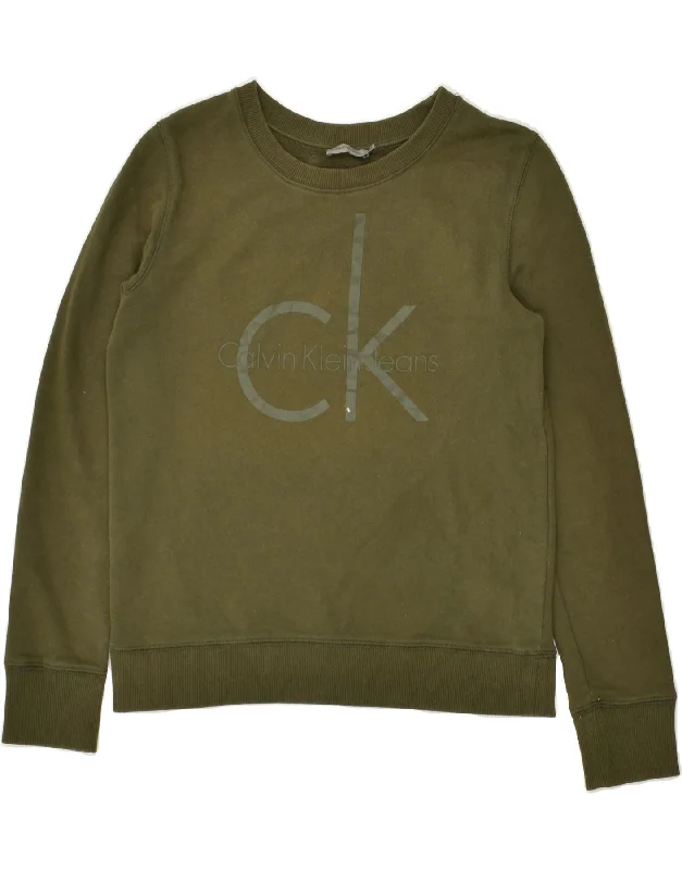 CALVIN KLEIN Womens Graphic Sweatshirt Jumper UK 14 Medium Khaki Cotton