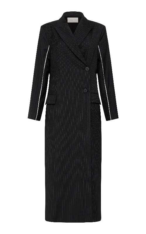 Pinstripe Maxi Coat - Black