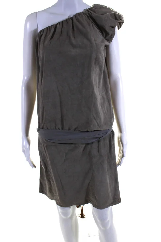 Brunello Cucinelli Womens Silk One Shoulder Belted Dress Gray