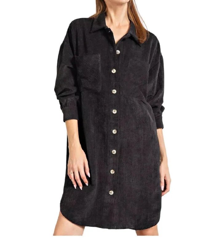 Corduroy Button Up Shirt Dress In Black