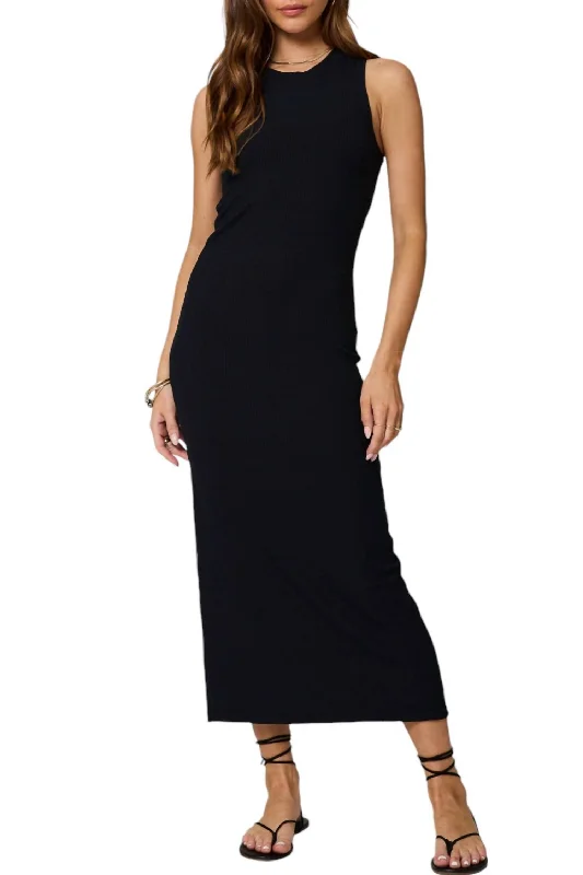 Wide Rib High Neck Maxi Dress In Black