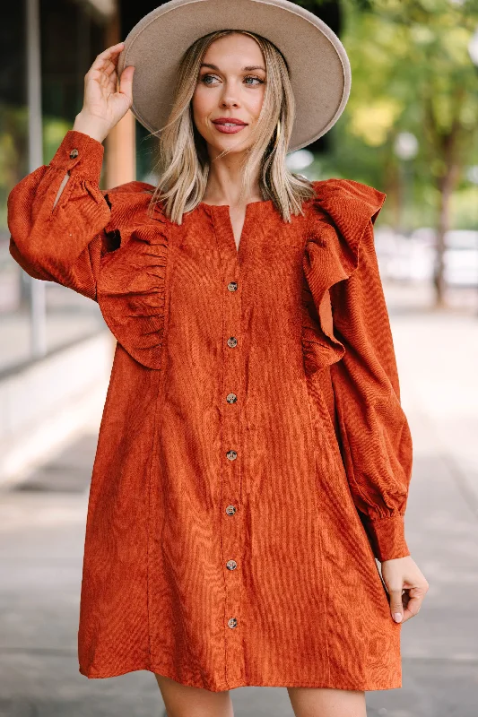 Never Too Late Cinnamon Orange Corduroy Dress