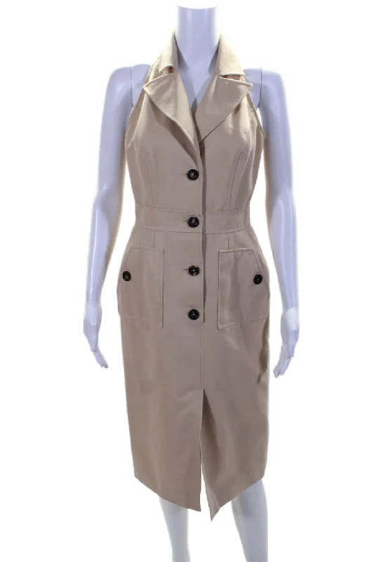 Oscar de la Renta Womens Button Front Notched Lapel Sheath Dress Beige