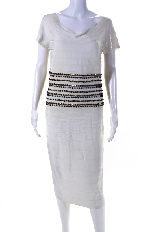 Herve Leger Womens Back Zip Ribbed Knit Studded Sheath Dress White