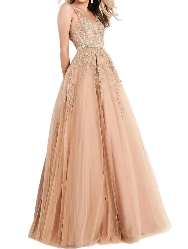 Embellished Lace Prom Dress In Gold