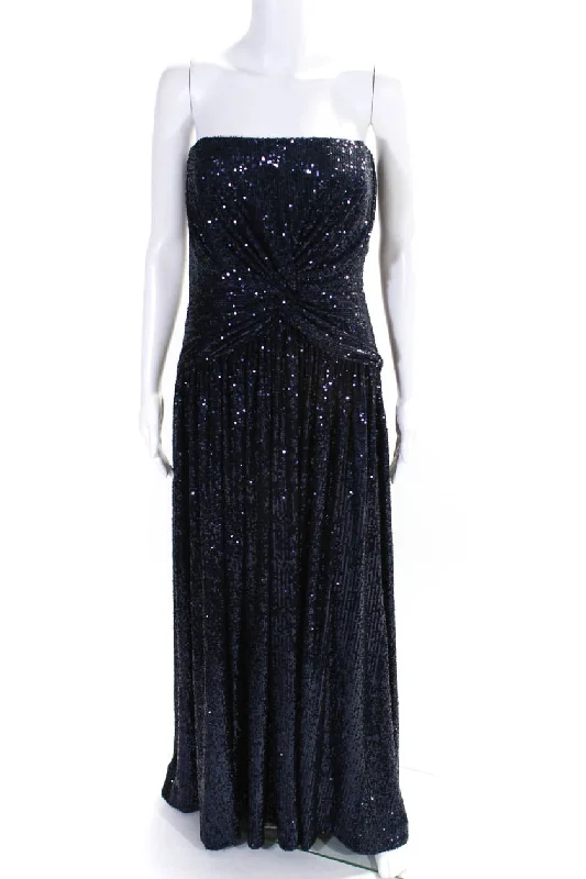 Halston Womens Sequined Sweetheart Neck Knotted Zipped Maxi Gown Navy