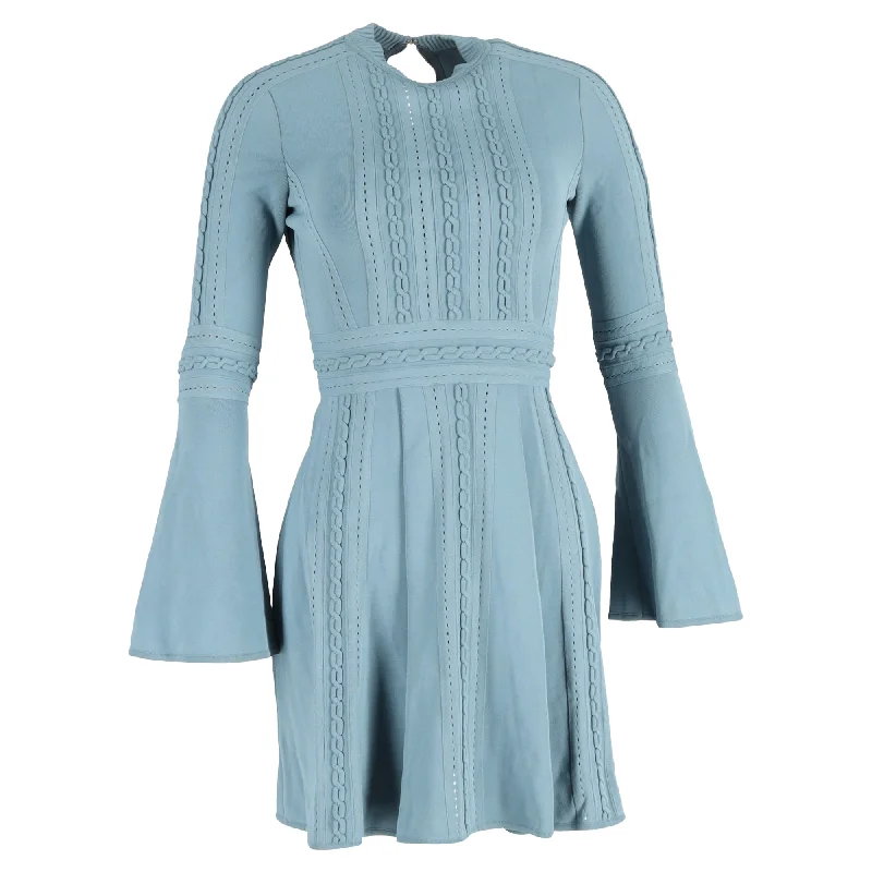 Elie Saab Mini Cable Knit Detail Bell Sleeve Dress in Light Blue Wool