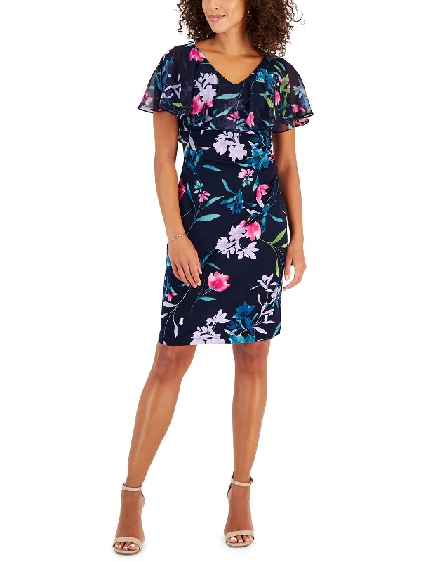 Womens Floral Print Cape Sleeves Cocktail Dress