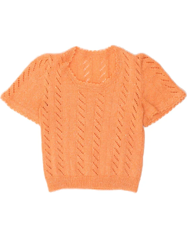 VINTAGE Womens Short Sleeve Crew Neck Jumper Sweater UK 8 Small Orange