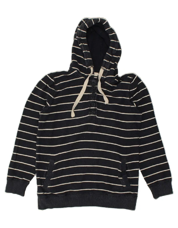 FAT FACE Womens Button Neck Hoodie Jumper UK 14 Large  Navy Blue Striped