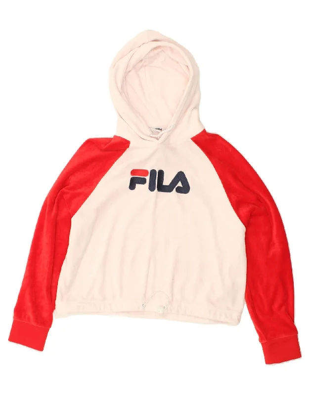 FILA Womens Crop Graphic Hoodie Jumper UK 10 Small Red Colourblock Cotton