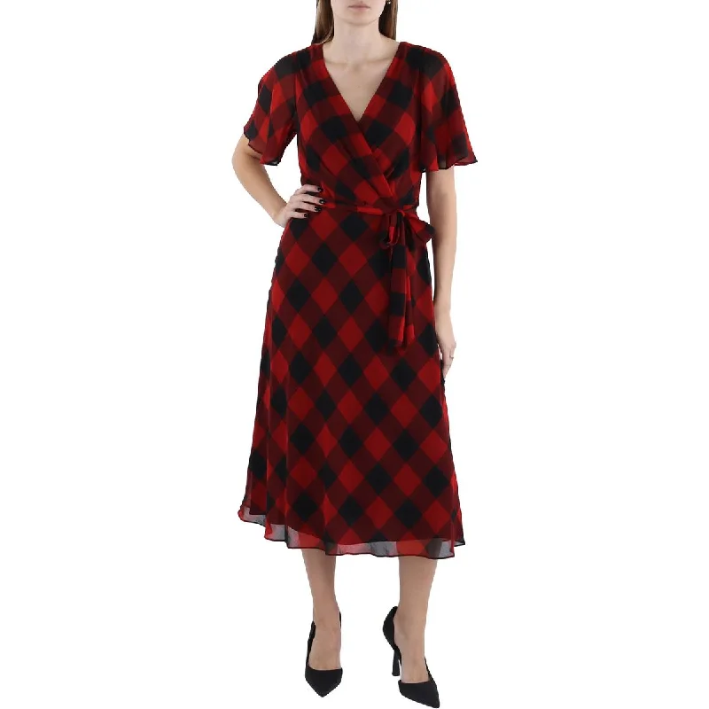 Womens Check Print Surplice Midi Dress