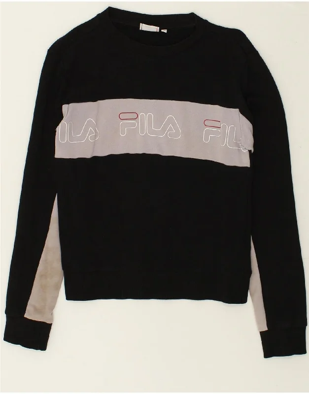 FILA Womens Graphic Sweatshirt Jumper UK 6 XS Black Colourblock Cotton