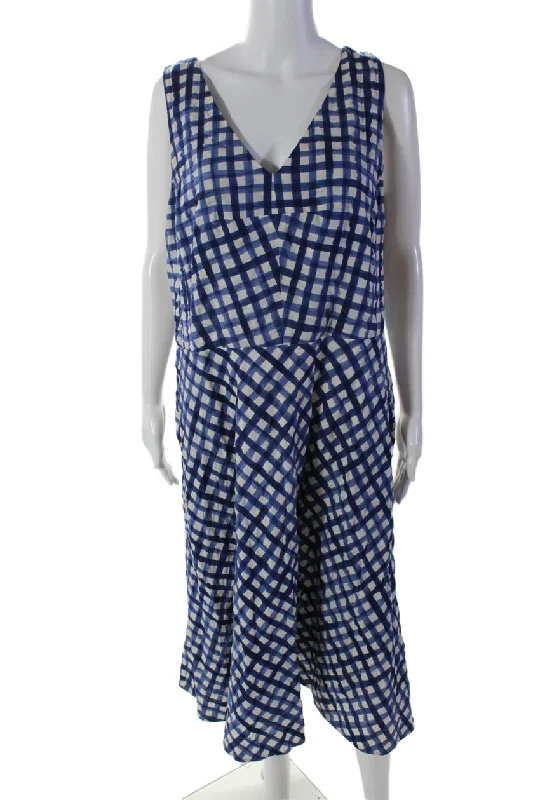 Lafayette 148 New York Womens Striped Check Print Cross Strap Dress Blue