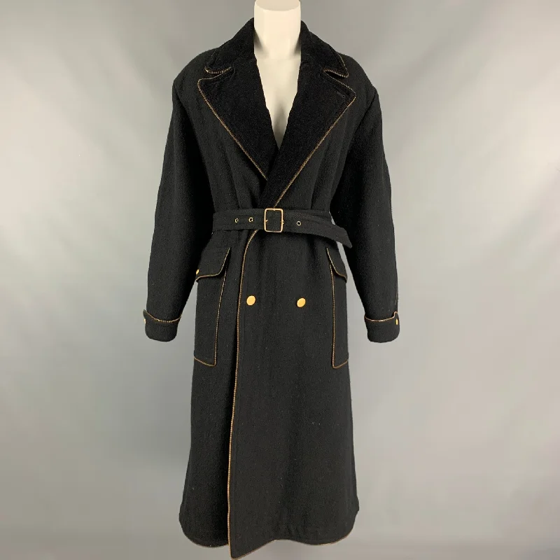 Vintage KANSAI YAMAMOTO Size M Black Wool Zipper Trim Belted Coat