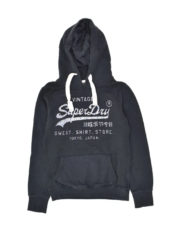 SUPERDRY Womens Graphic Hoodie Jumper UK 8 Small  Navy Blue Cotton