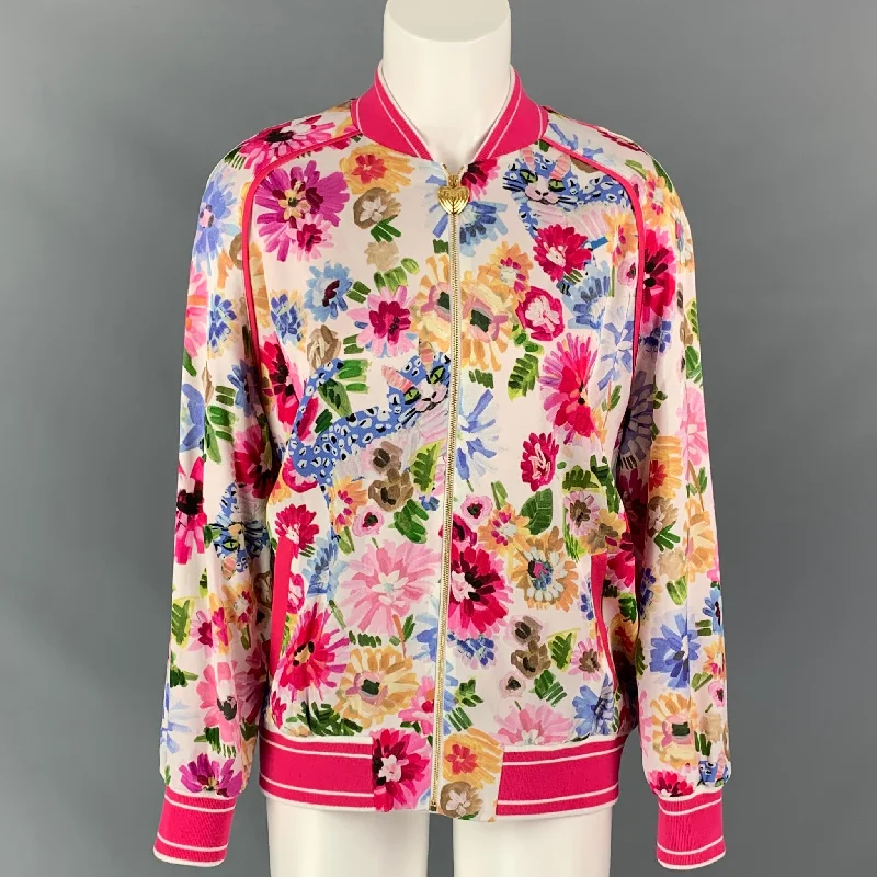 ESCADA Size 4 White & Fuchsia Floral Viscose Oversized Bomber Jacket