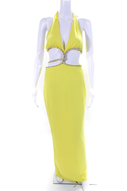 Meshki Womens Jeweled Cut Out Sleeveless Evening Gown Yellow