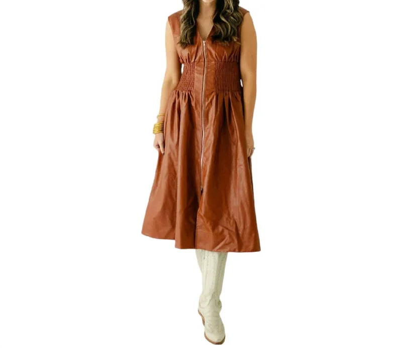 Vegan Leather Smocked Dress In Cognac