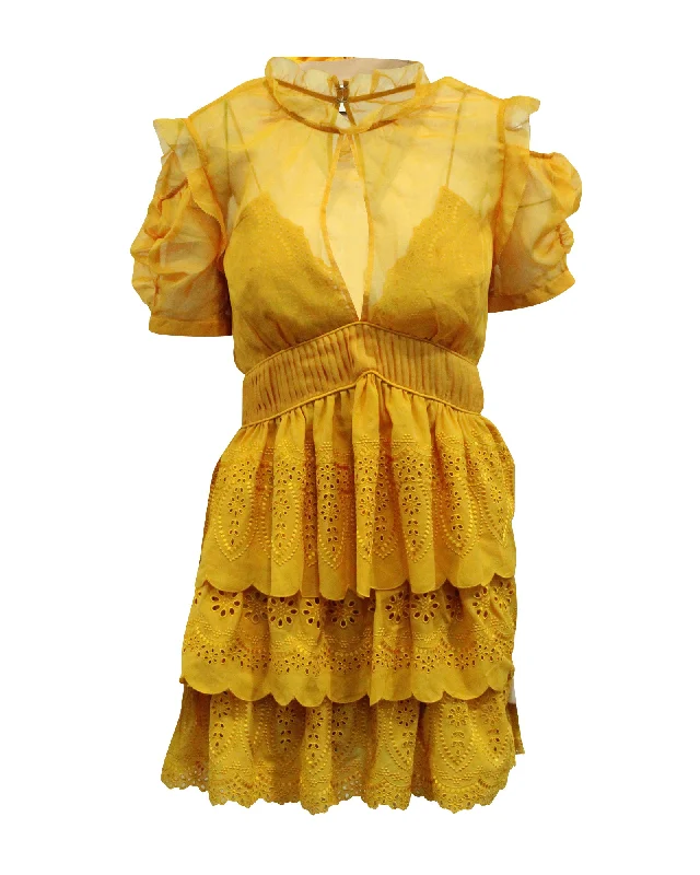 Self-Portrait Embroidered Tiered Mini Dress in Yellow Mustard Polyester