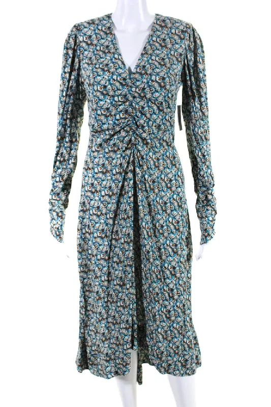 Joie Womens Haruko Floral V Neck Long Sleeve Midi Dress Blue Brown