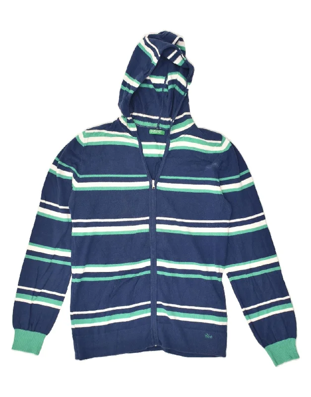 BENETTON Womens Hooded Cardigan Sweater UK 12 Medium Blue Striped Cotton