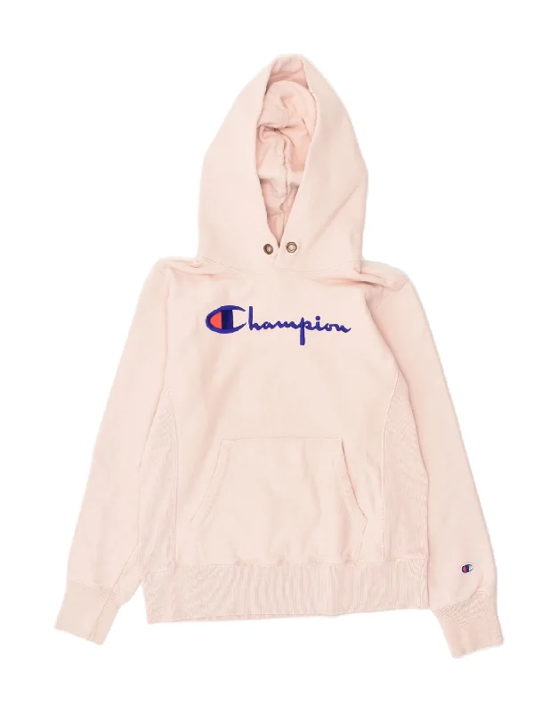 CHAMPION Womens Graphic Hoodie Jumper UK 16 Large Pink Cotton