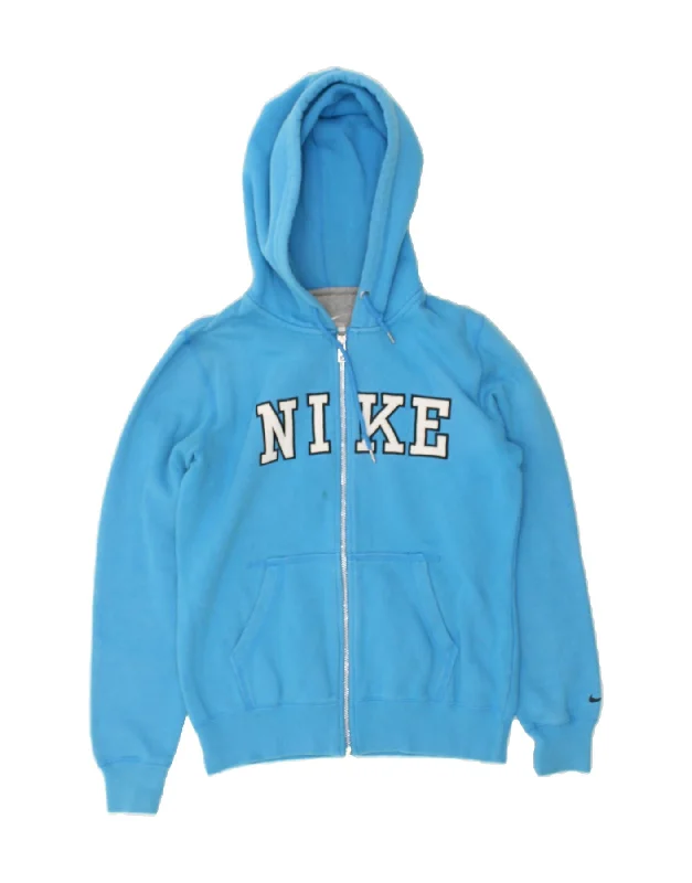 NIKE Womens Graphic Zip Hoodie Sweater UK 14 Medium Blue Cotton