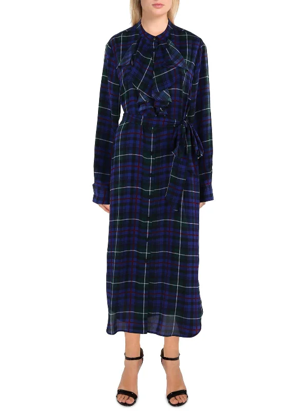 Adeola Womens Plaid Ruffled Shirtdress