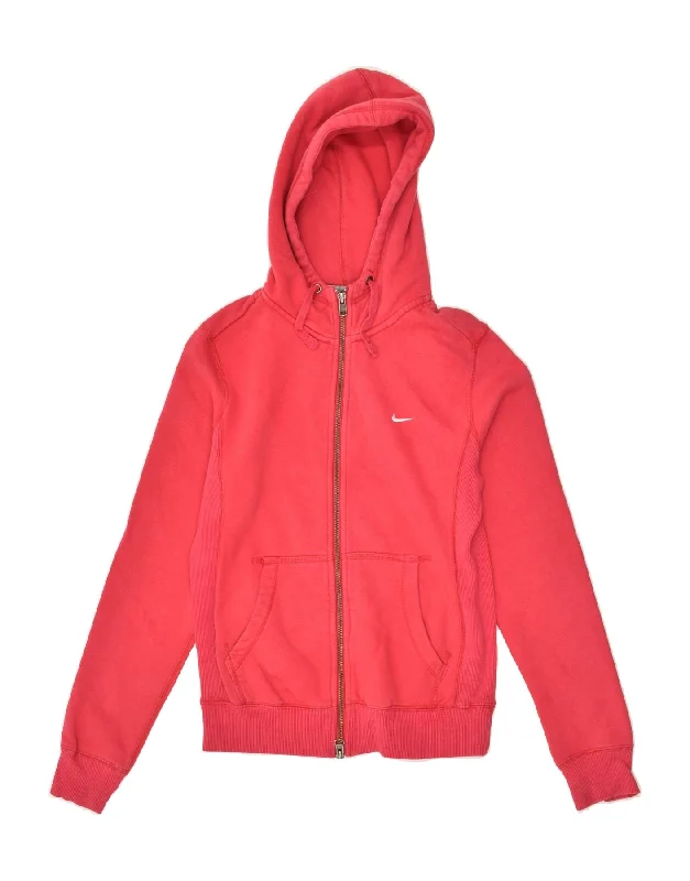 NIKE Womens Zip Hoodie Sweater UK 8/10 Small Red Cotton