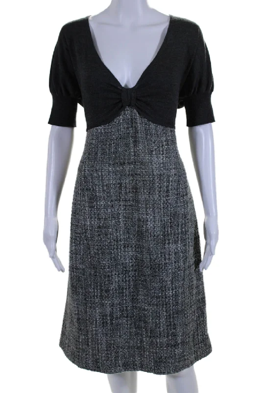 Armani Collezioni Womens Short Sleeve V Neck Tweed Shift Dress Gray Wool