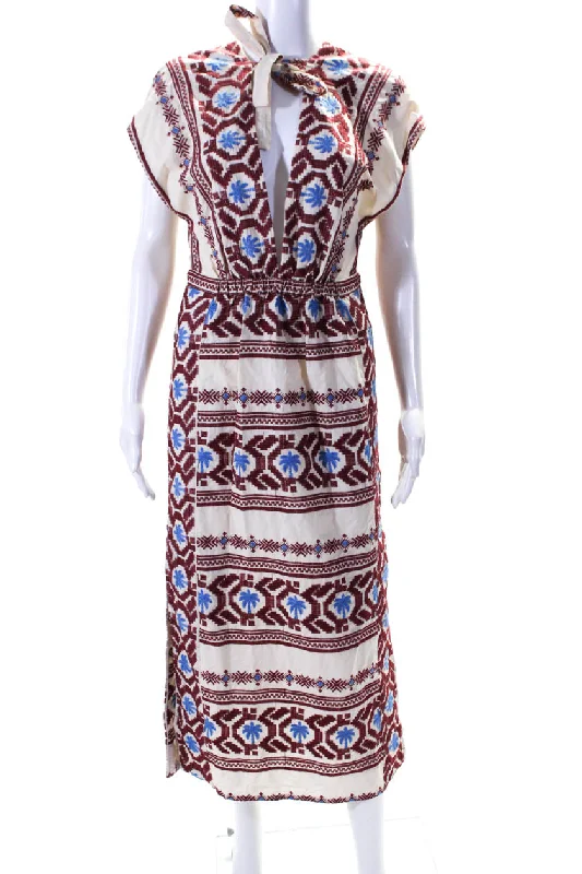 Johanna Ortiz Womens Cream Cotton Printed V-Neck Sleeveless Shift Dress